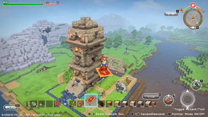 Screenshot of Dragon Quest Builders gameplay featuring character overlooking a custom-built stone tower with surrounding landscape.
