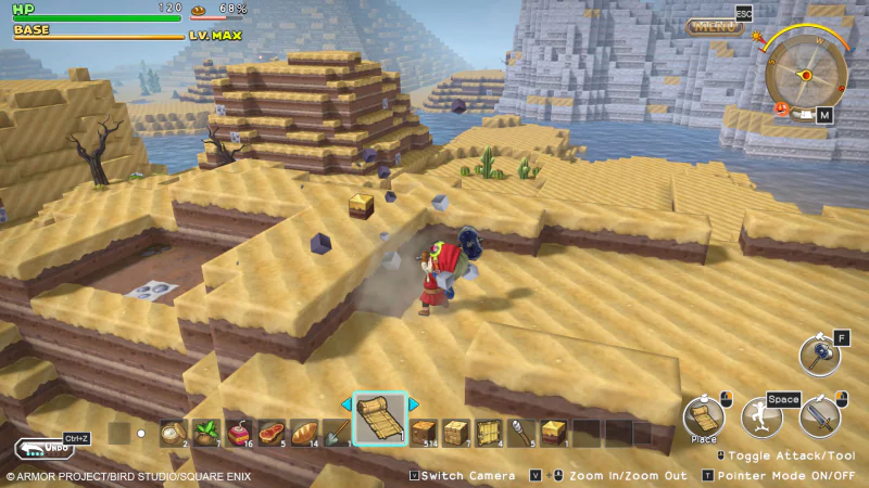 Player character exploring a sandy pyramid environment in Dragon Quest Builders game.