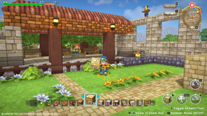 Screenshot of a player character in Dragon Quest Builders video game exploring a vibrant village construction area with in-game HUD visible.