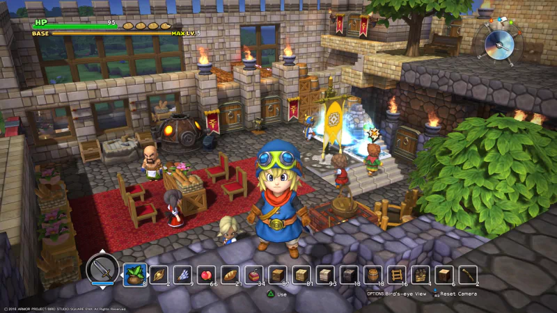 A character in blue armor stands in a medieval-style village in the game Dragon Quest Builders, showcasing the game's building and design elements.