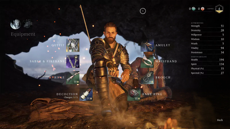 Character inventory screen from 'Banishers: Ghosts of New Eden' video game showing a detailed armor and equipment interface.