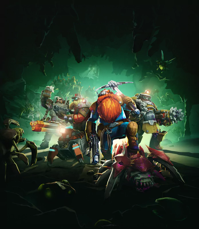 A dynamic illustration of characters from the video game Deep Rock Galactic: Survivor, showcasing dwarven miners armed for combat against alien creatures in a dark cavernous environment.