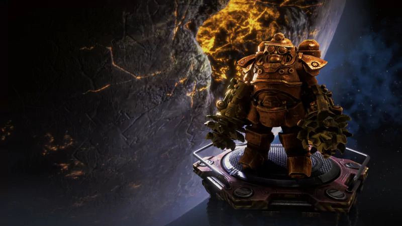 Armored space dwarf from Deep Rock Galactic: Survivor video game standing heroically on a platform with a glowing crystal background.