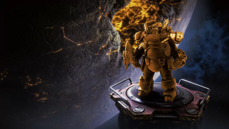A space dwarf character from Deep Rock Galactic game standing heroically with a fiery explosion in the background.