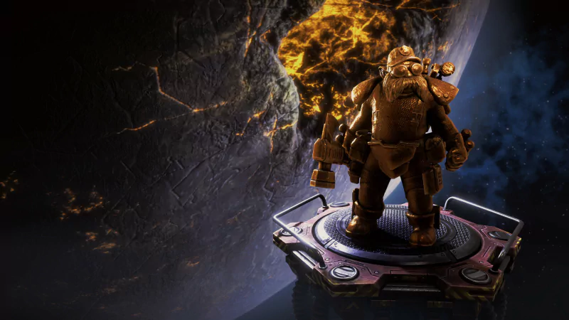 Character from Deep Rock Galactic: Survivor video game standing heroically with a fiery explosion backdrop