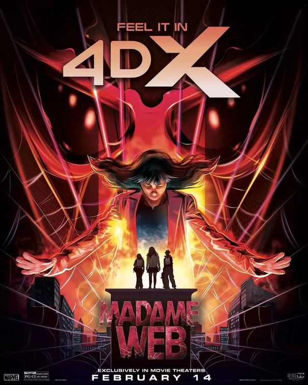 Promotional poster for the 'Madame Web' movie featuring a central character with mystical powers, releasing in 4DX on February 14, with a vibrant red and black color scheme.