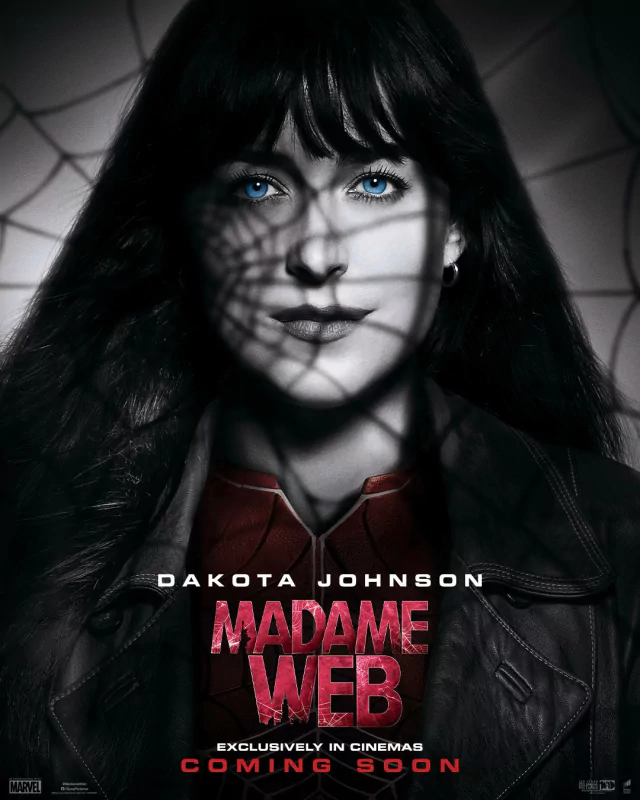 Promotional poster for the movie 'Madame Web' starring Dakota Johnson, featuring her face with a web shadow overlay, with text indicating the film's exclusive release in cinemas soon.
