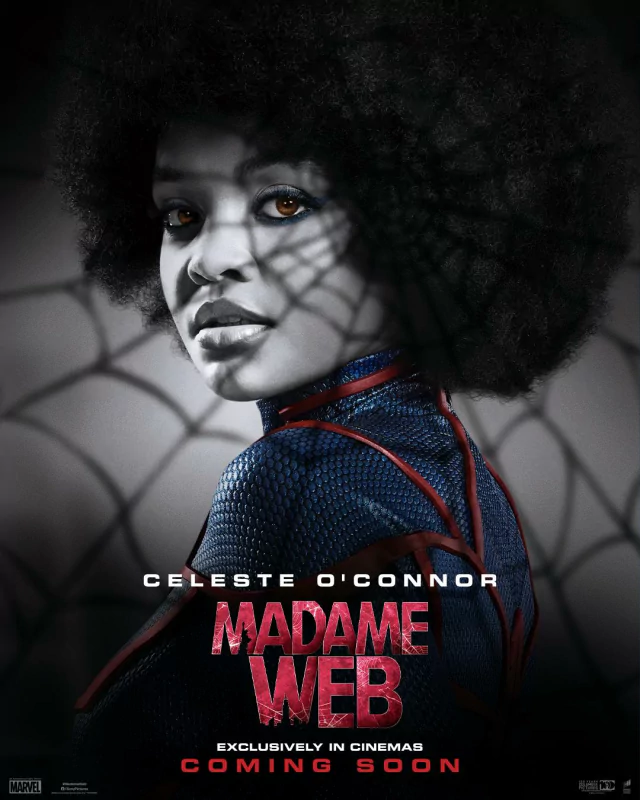 Celeste O'Connor as Mattie Franklin in Madame Web movie poster, featuring a spider-web background and the text 'Exclusively in cinemas coming soon'.