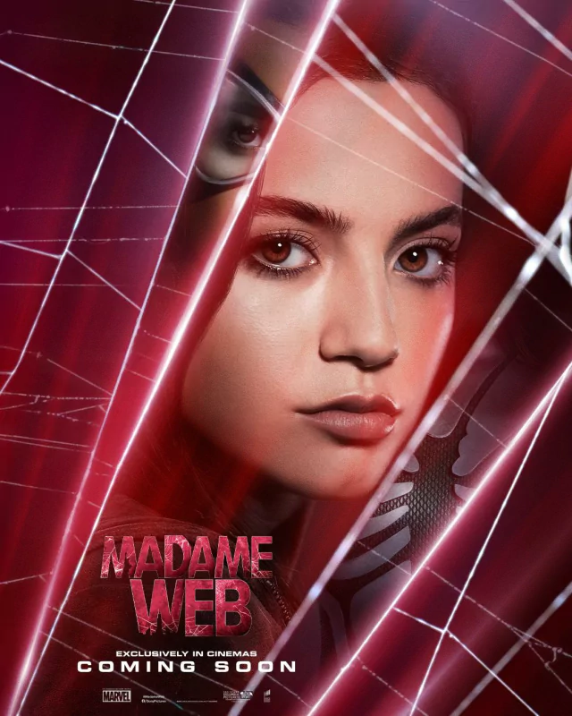 Promotional movie poster for Madame Web featuring a close-up of the main character with a web overlay, and text indicating an upcoming cinema release.