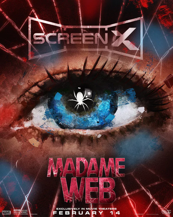 Promotional movie poster for Madame Web featuring a close-up of an eye with a web pattern and the movie title, coming to ScreenX theaters on February 14.