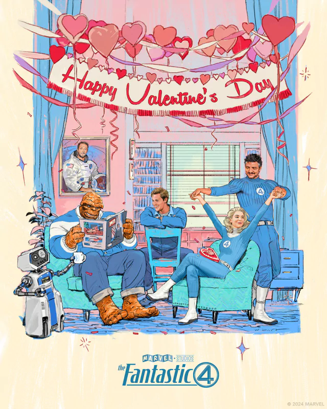 Valentine's Day themed promotional illustration for The Fantastic Four (2025) movie, featuring animated versions of the superhero team in a cozy, decorated room.