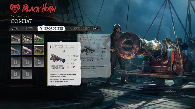 Screenshot of Skull and Bones video game showcasing ship combat customization menu with a pirate standing on deck.