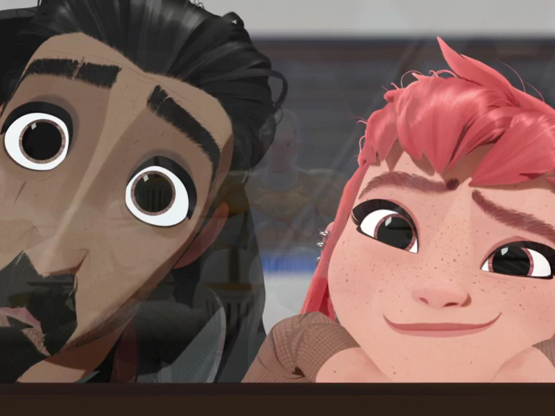 Animated characters from the movie Nimona smiling and peeking into view with a playful expression.