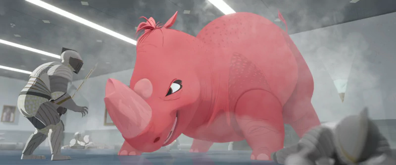 Animated scene from the movie Nimona featuring a large pink creature resembling a rhinoceros in a futuristic setting with a character in armor.