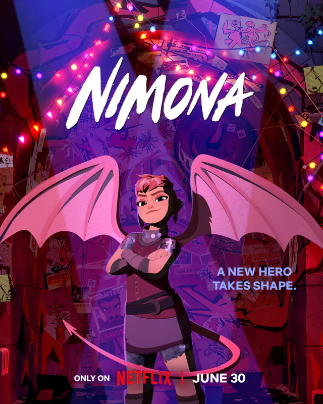 Promotional poster for the animated movie 'Nimona' showing the main character with wings, with a tagline 'A new hero takes shape' and a release date on Netflix on June 30.
