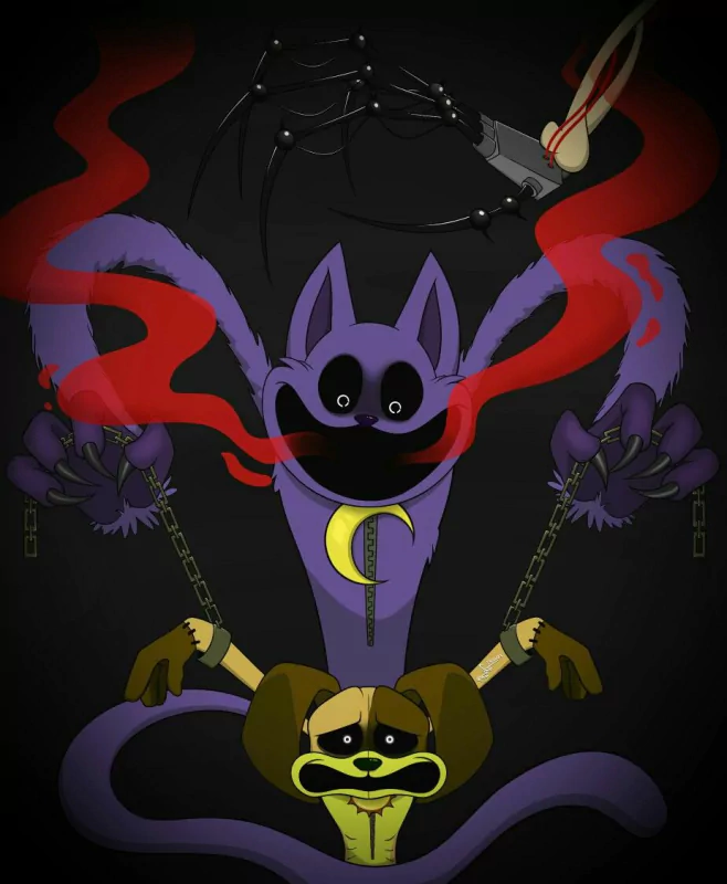 Illustration of characters from Poppy Playtime video game, featuring the CatNap creature in a dark, whimsical style.