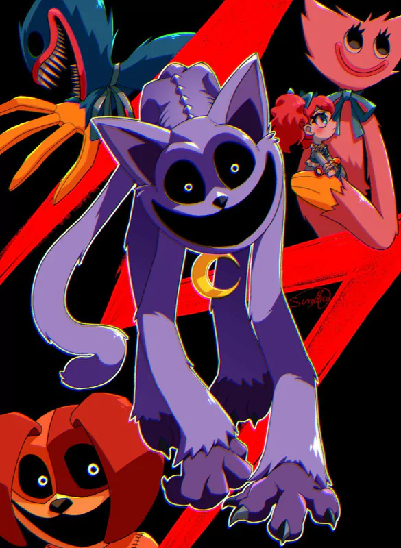 Illustration of CatNap and other characters from the video game Poppy Playtime, featuring a prominent purple cat-like figure against a dynamic red and black background.