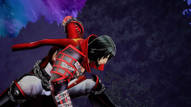 Character from Bloodstained: Ritual of the Night video game posing dramatically with cosmic background.