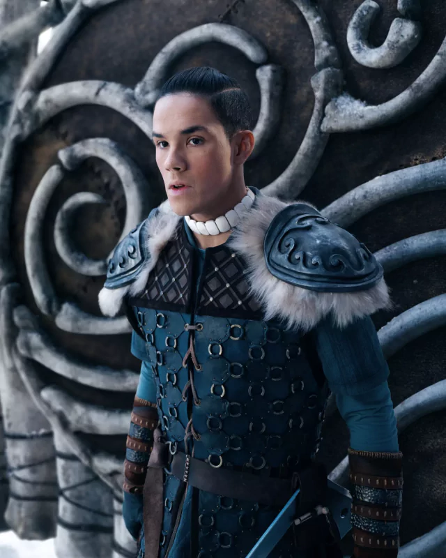 Character Sokka from the TV show Avatar: The Last Airbender depicted in traditional Water Tribe armor, standing against a carved backdrop.
