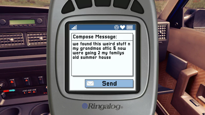 Screenshot from Open Roads video game featuring a text message conversation on a vintage mobile phone inside a car.