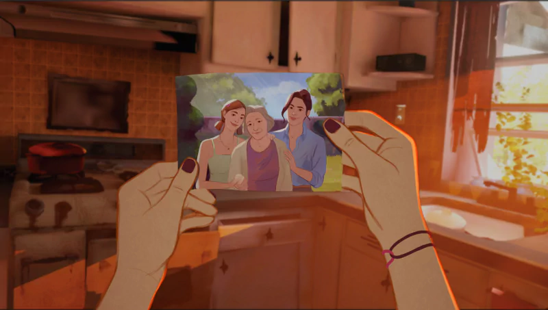 A first-person perspective scene from the video game Open Roads, showing a character holding a photo featuring three people, with a cozy kitchen interior bathed in warm sunlight in the background.