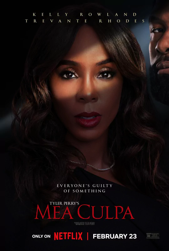Movie poster for Mea Culpa featuring Kelly Rowland and Trevante Rhodes, available on Netflix starting February 23.