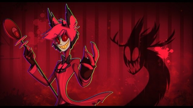 Alastor from Hazbin Hotel grins mischievously, holding a microphone, with a dark, shadowy figure looming behind him in a red-hued background.