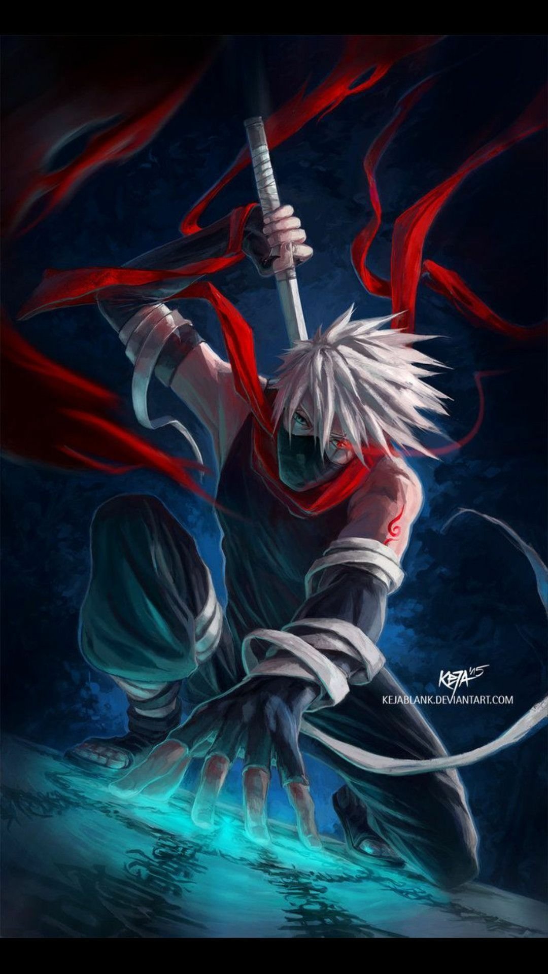 Kakashi Hatake from Naruto is depicted crouching with his sword drawn, surrounded by swirling red ribbons and emitting a glowing blue aura from his hand.