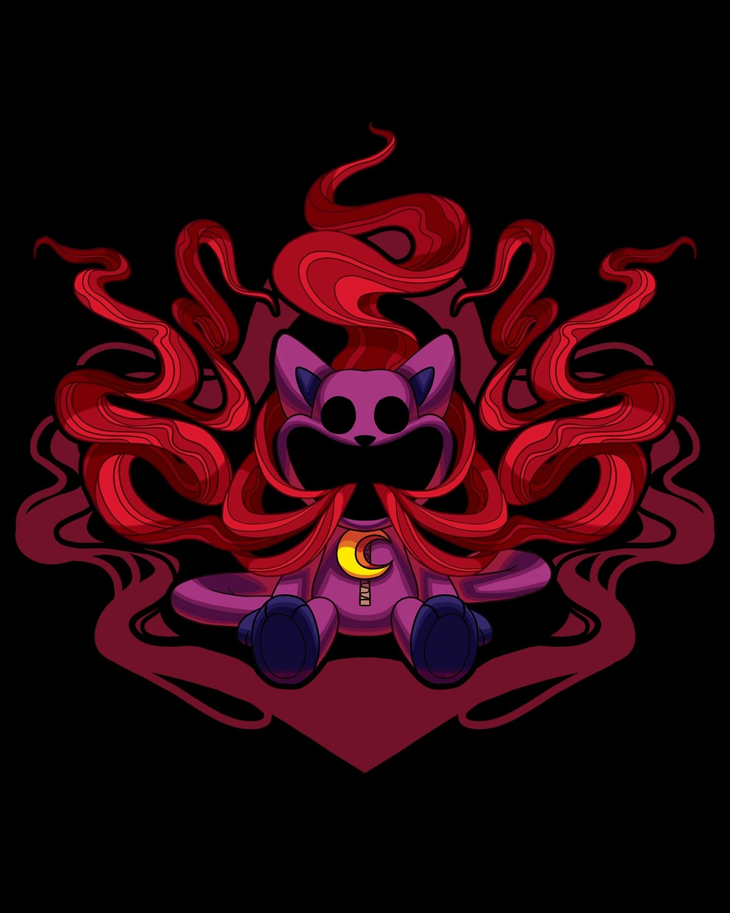 Illustration of CatBee character from Poppy Playtime video game with vibrant red tendrils on a dark background, representing the CatNap toy.