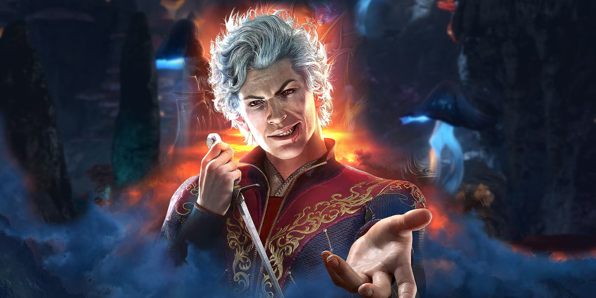 Astarion, a charismatic vampire character from Baldur's Gate 3 video game, casting a spell with a mystical blue and red aura.
