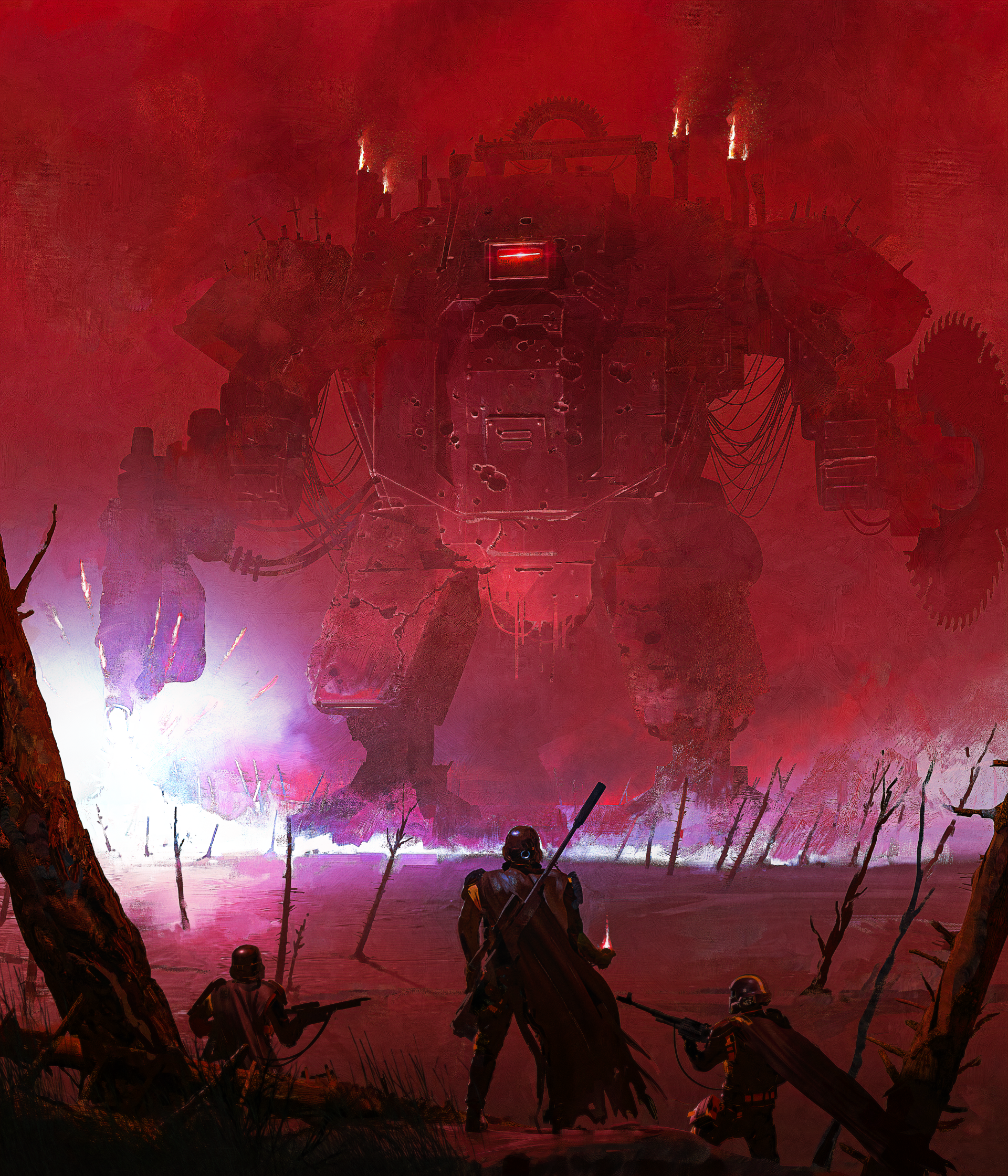 A towering mech looms through red mist in a sci-fi military scene from Helldivers 2, as three armed soldiers face the machine in a tense standoff.