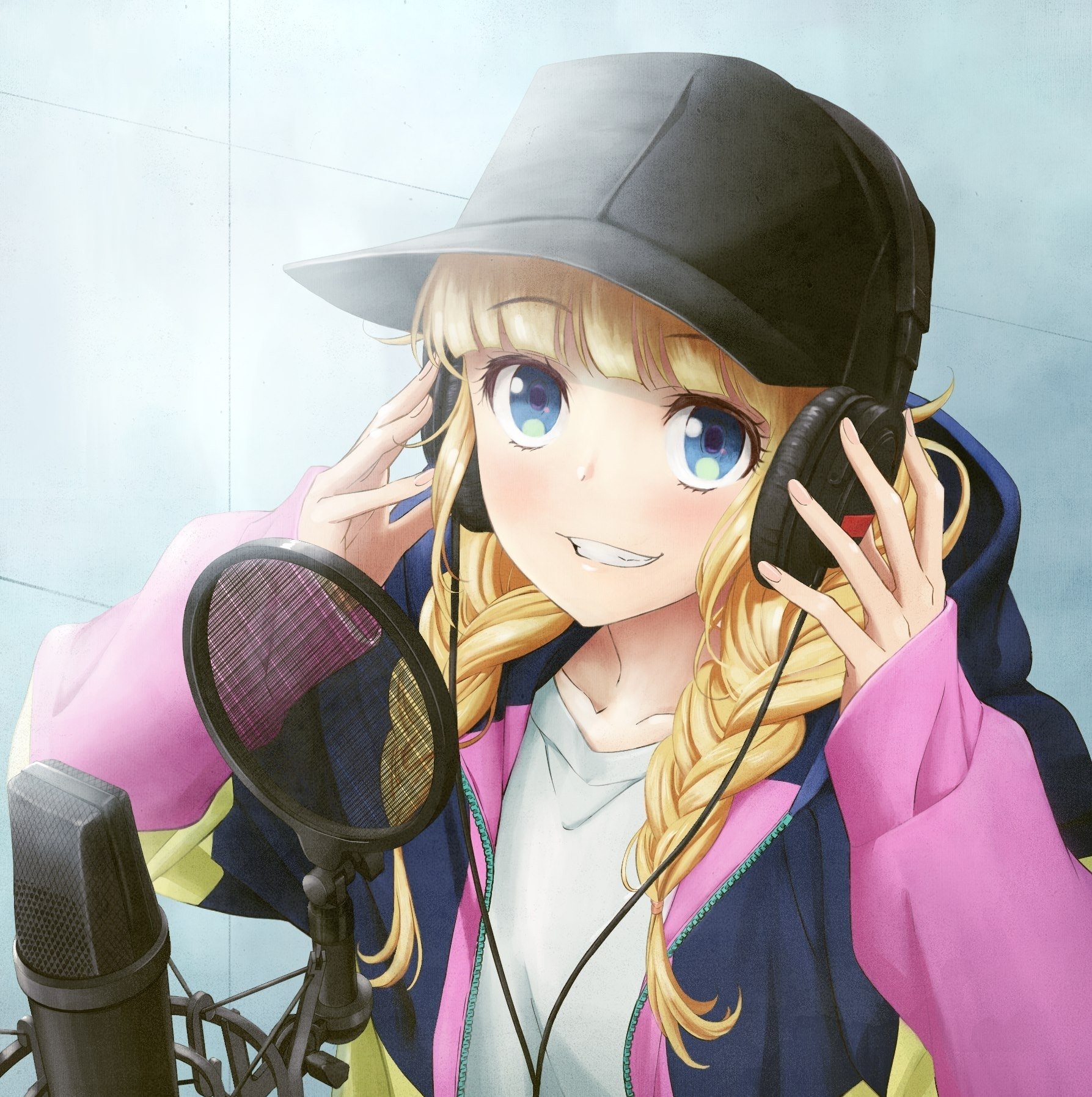 Anime character Eiko Tsukimi from 'Ya Boy Kongming!' wearing a black cap and headphones while singing into a microphone.