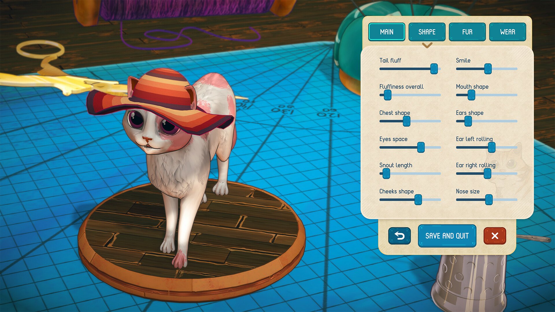 A cute cat wearing a hat in the character customization screen from the video game Quilts and Cats of Calico.