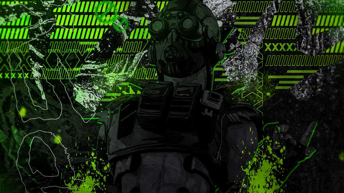 Octane (Apex Legends) portrait in green glitch art: masked, goggled figure wearing a tactical vest amid neon splatters and digital patterns.