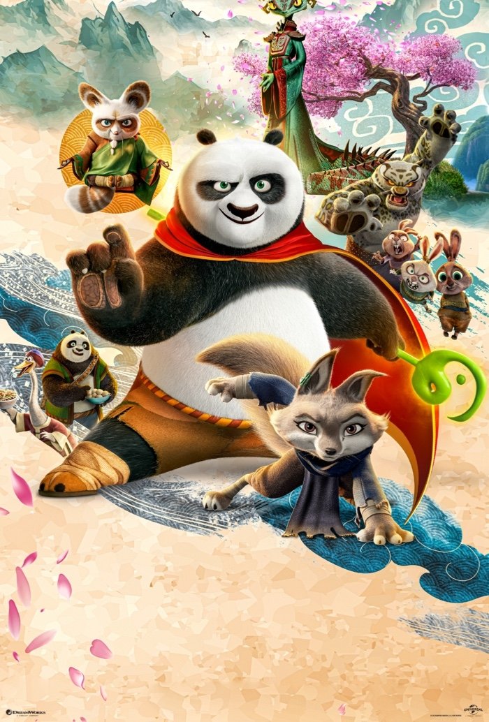 Promotional poster for Kung Fu Panda 4 featuring the animated characters Po the Panda and his friends in a dynamic martial arts pose.