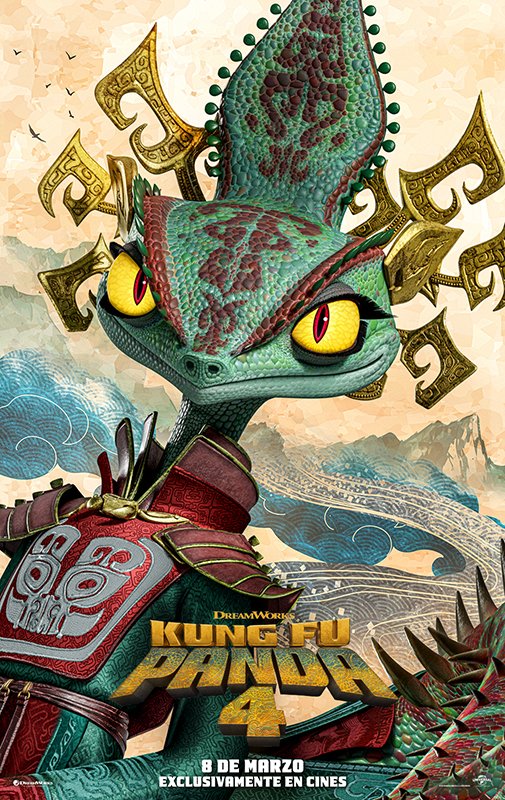Promotional movie poster featuring a stylized animated dragon character from Kung Fu Panda 4 set against a traditional Chinese landscape.