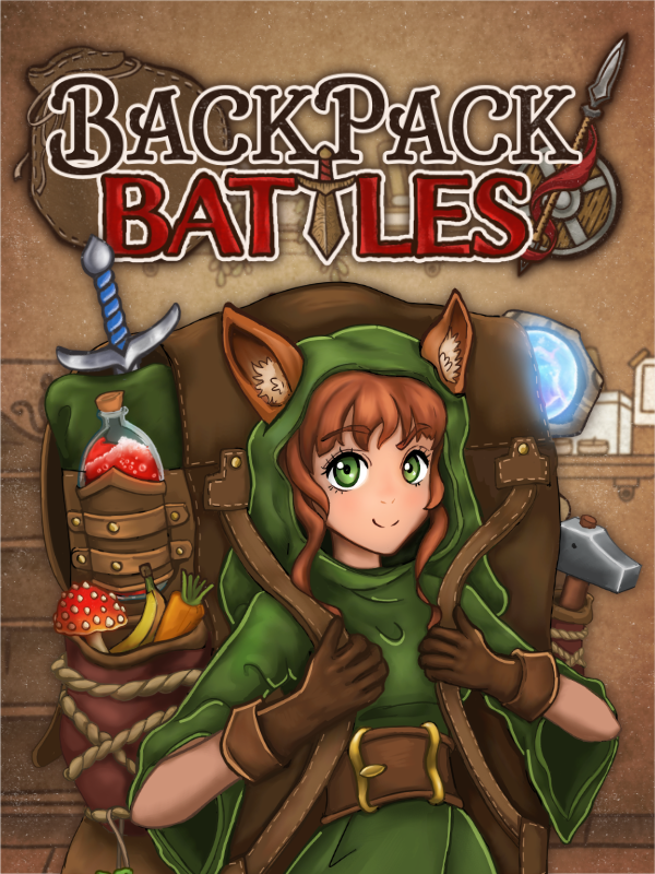 Elf character with a backpack full of adventure gear in the video game Backpack Battles promotional art.