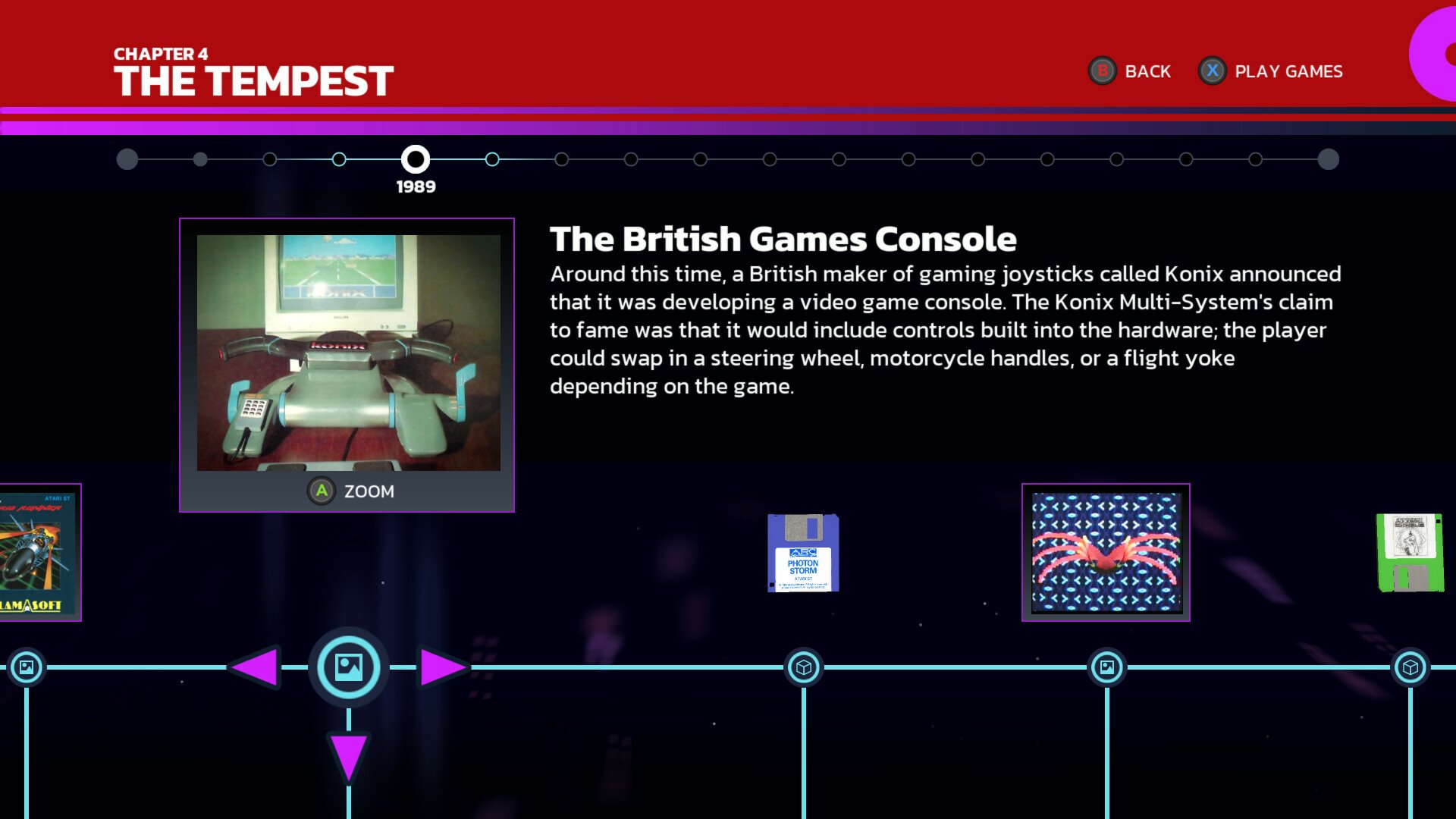 Screenshot of a segment titled 'The Tempest' from 'Llamasoft: The Jeff Minter Story' video game documentary, showcasing a timeline with a vintage British games console narrative.