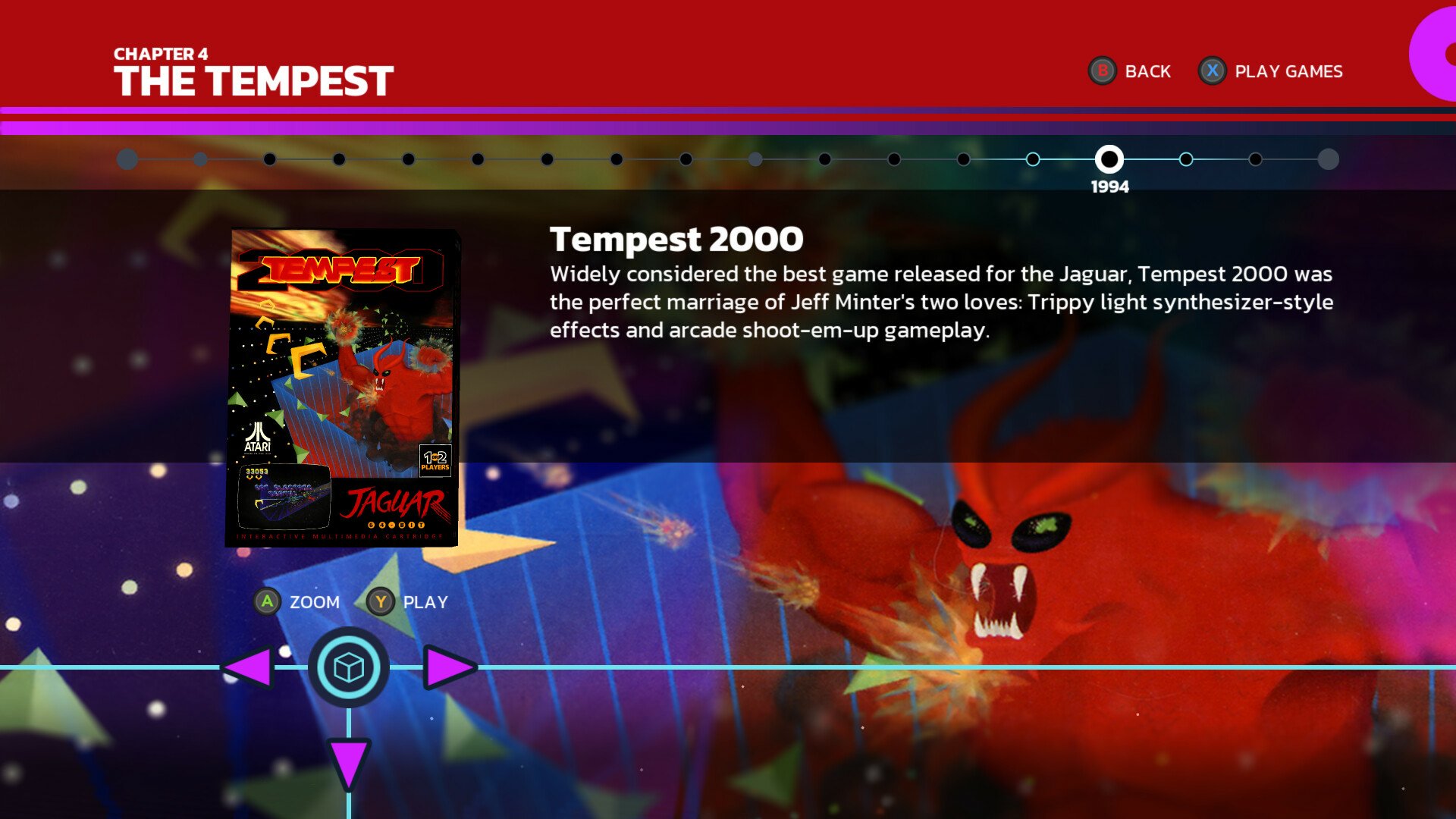 Screenshot of the Llamasoft: The Jeff Minter Story video game interface, featuring the classic game Tempest 2000, with vibrant graphics and menu options.