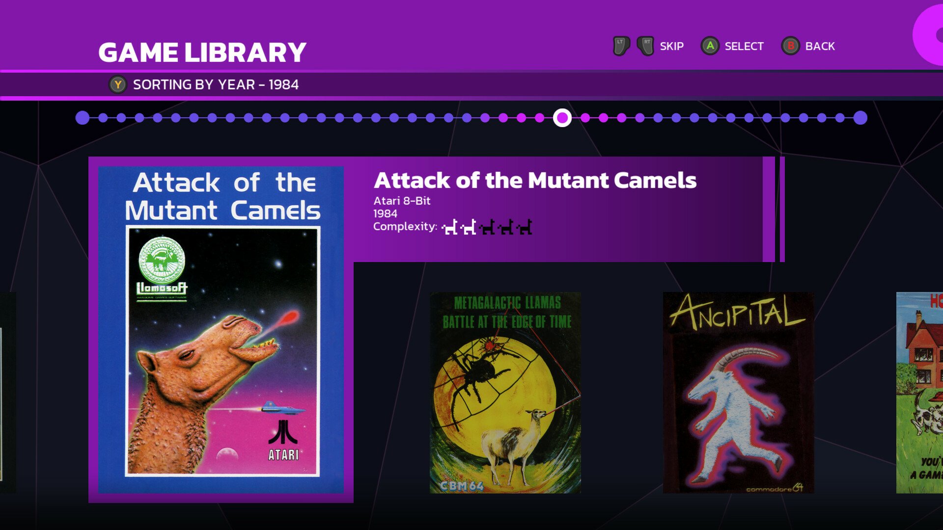 Digital display of the video game Attack of the Mutant Camels from Llamasoft featured in a retro-style game library interface as part of The Jeff Minter Story collection.
