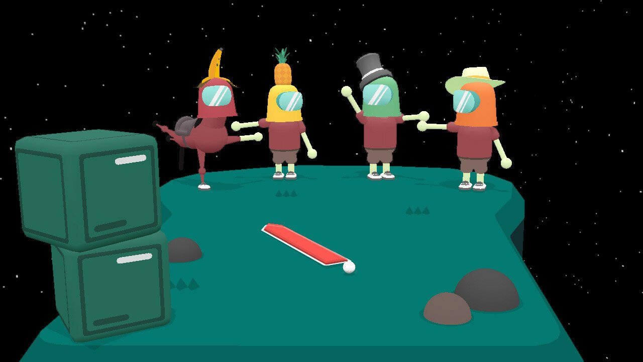 Quirky scene from the video game 'What the Golf?' featuring animated characters forming a conga line on a golf course in space.