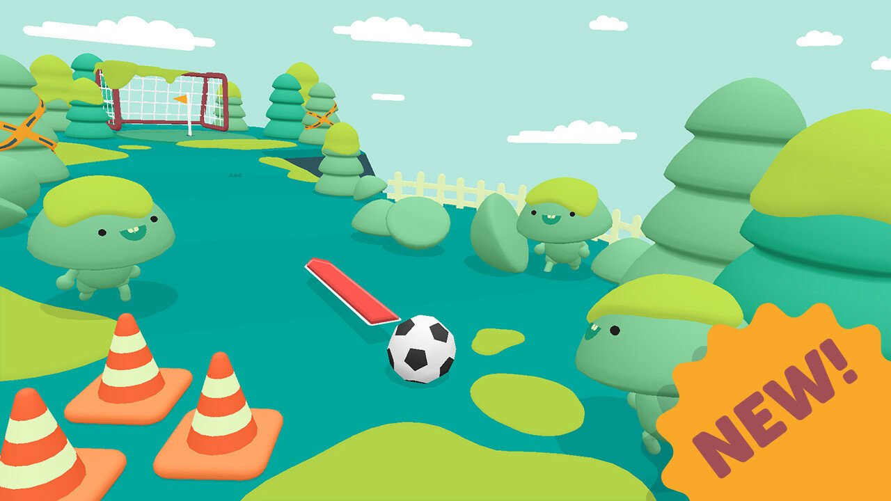 Colorful What the Golf? video game screenshot featuring whimsical characters, a soccer ball, and an orange NEW! label.