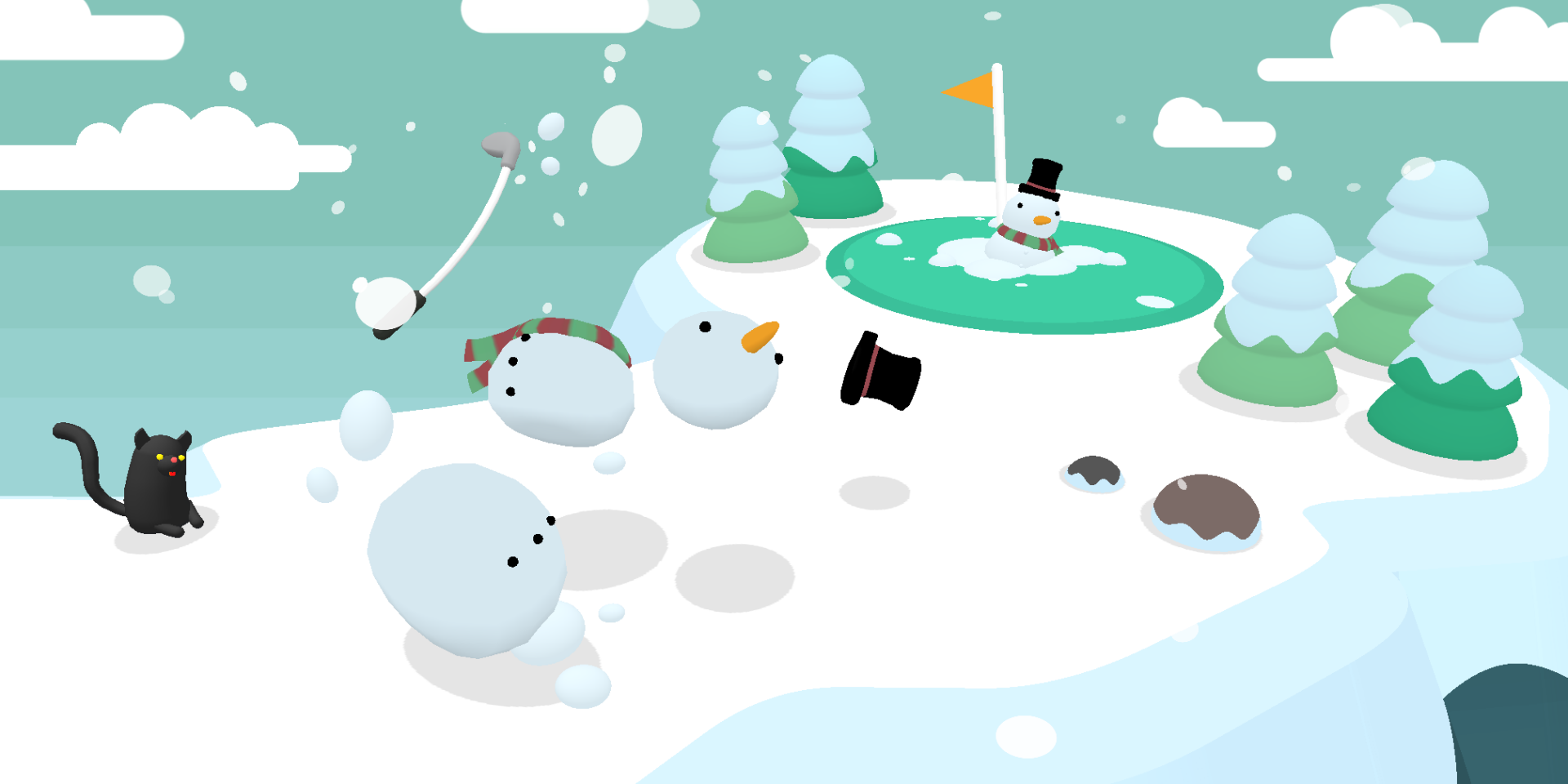 A whimsical winter scene from the video game What the Golf? featuring snowmen, a black cat, and golf elements on a snowy course.