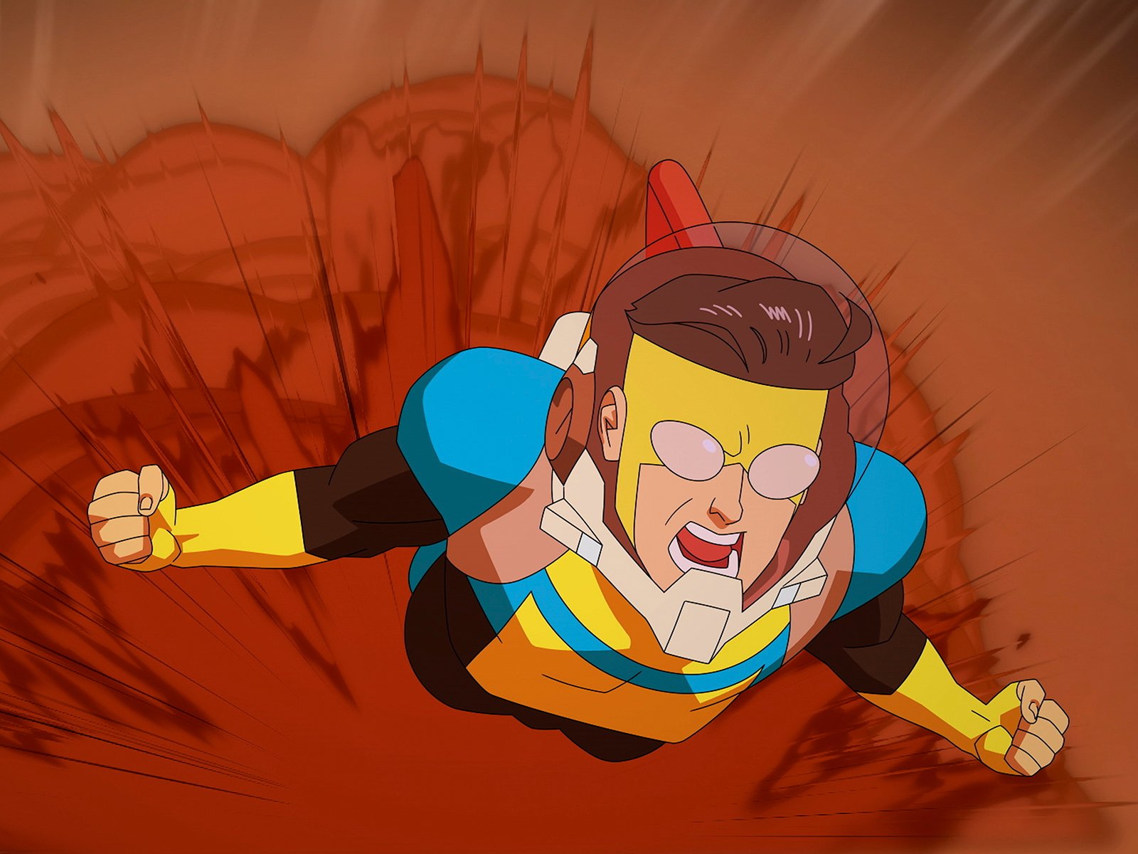 Animated superhero character from Invincible TV show flying at high speed, based on Image Comics series.
