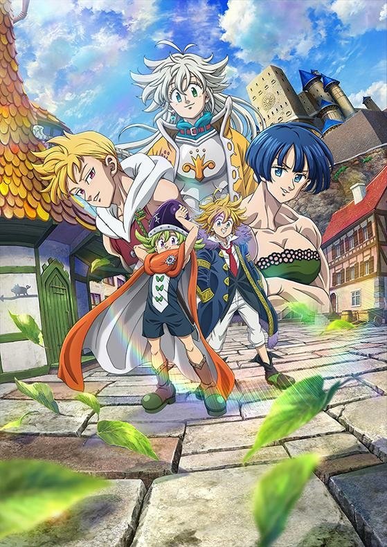 Anime characters from The Seven Deadly Sins: Four Knights of the Apocalypse adventuring through a medieval town setting.