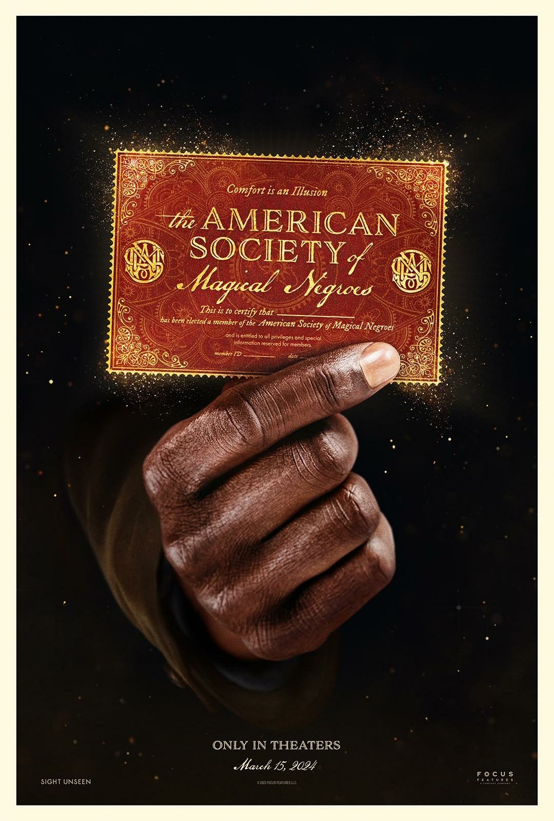 Promotional poster for The American Society of Magical Negroes TV show, featuring a close-up of a hand holding an ornate, golden card against a dark background, with premiere details at the bottom.