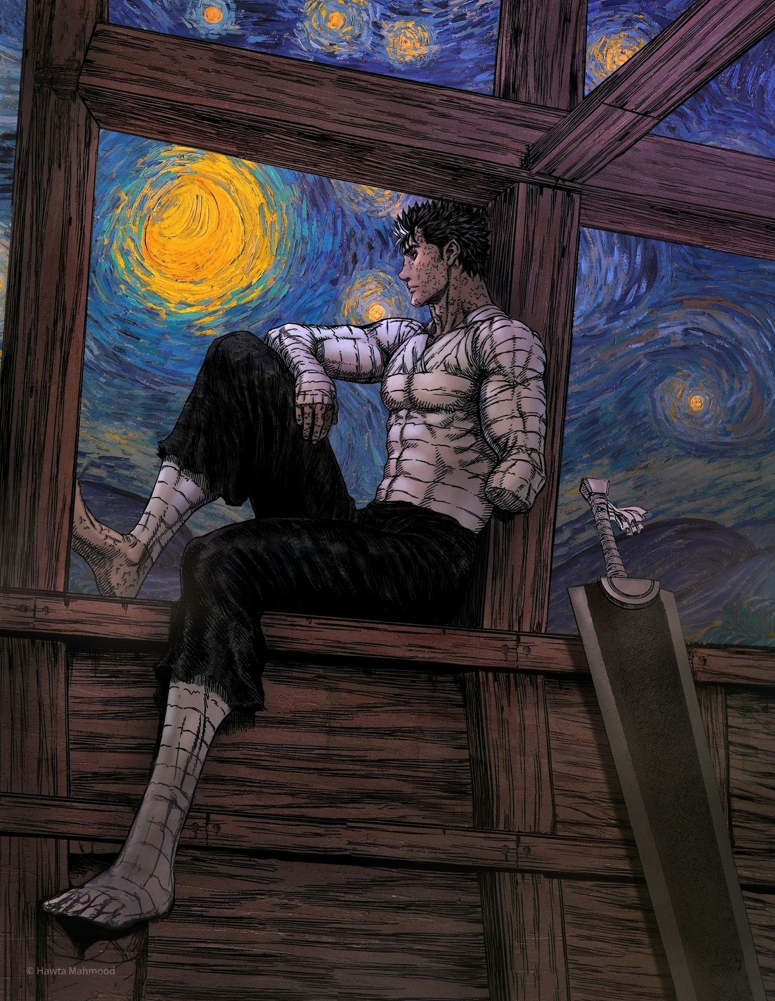 Artwork of Guts from Berserk sitting contemplatively against wooden beams with his large sword nearby, set against a swirling Starry Night-inspired sky.