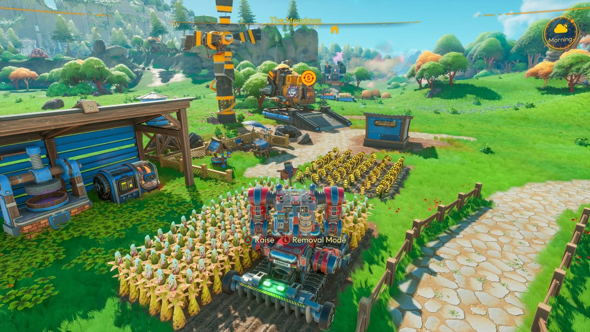 In-game screenshot of Lightyear Frontier, featuring a lush, vibrant farm with crops, machinery, and a farmstead.