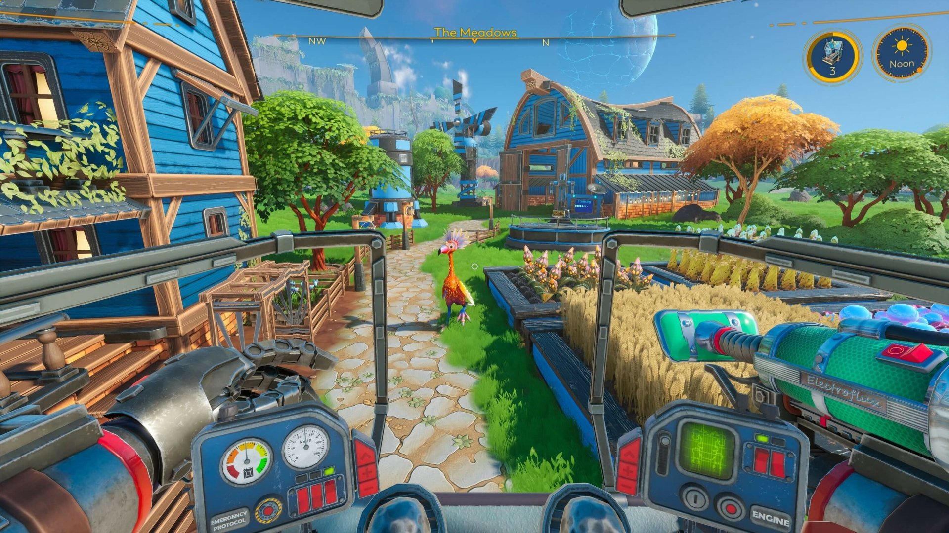 In-game screenshot of Lightyear Frontier showing a first-person view from the cockpit of a mech with a colorful, futuristic farm landscape.