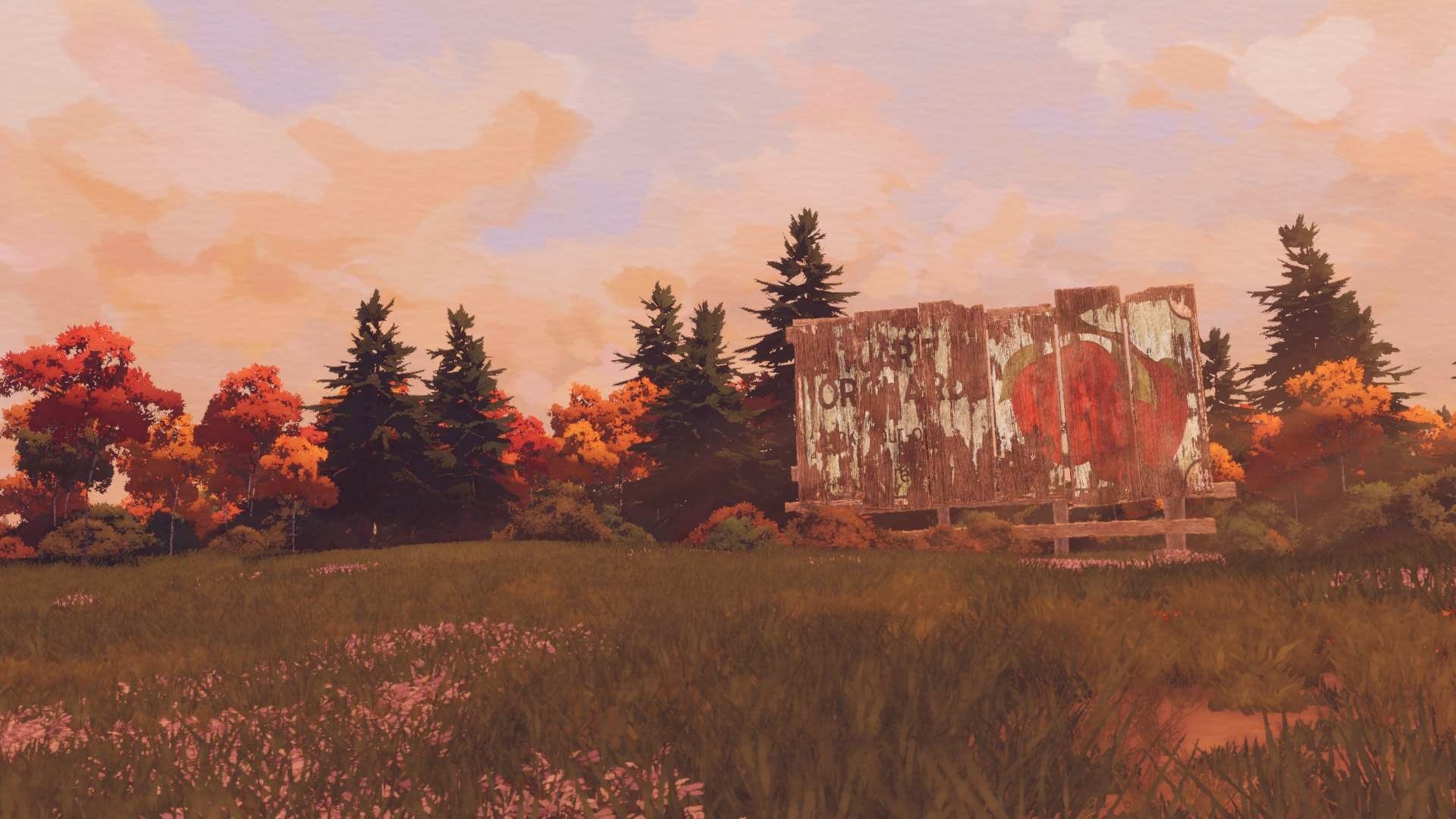 Scenic view of a countryside landscape with rustic billboard from the video game Open Roads.